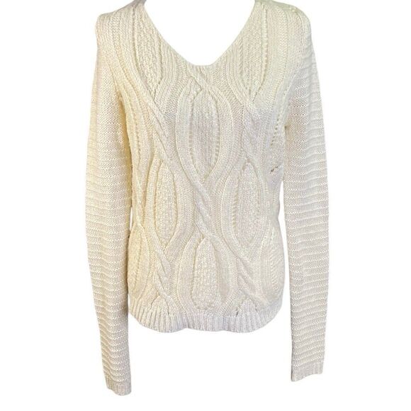 Cream Cable Knit Sweater L Women Soft Textured Pullover Lace Up Back Winter Chic - Picture 4 of 6